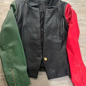 Custom Colorblock Leather Blazer Jacket - Black Body with Green & Red Sleeves